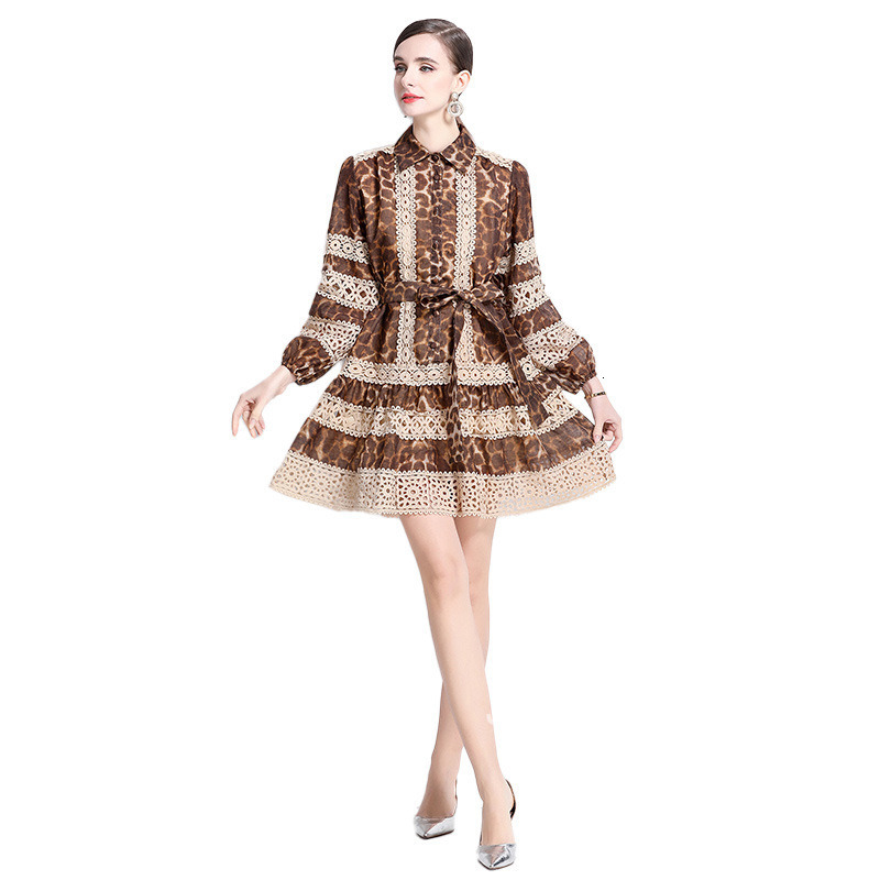 spring long sleeved new product with hollowed out lace patchwork leopard print dress