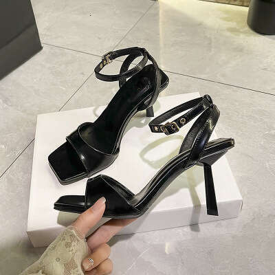 High Heel High Heeled Sandals For Women In Summer French Style With A Single Stripe Thin Heel Versatile Mid Heel Simple And Elegant Ladies Heels