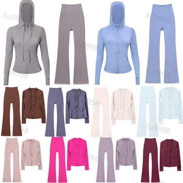 Workout set Women Yoga Sets Hooded Jackets Flared Pants sets High Waist Sports Jackets Zip Up Coat Elastic Sportswear Outfits Pants Gym Suits Tracksuits Set
