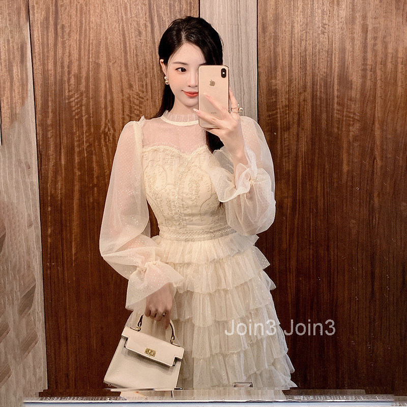 French gentle style fashionable embroidered slimming waist skirt womens design sense heavy long sleeved mesh cake skirt