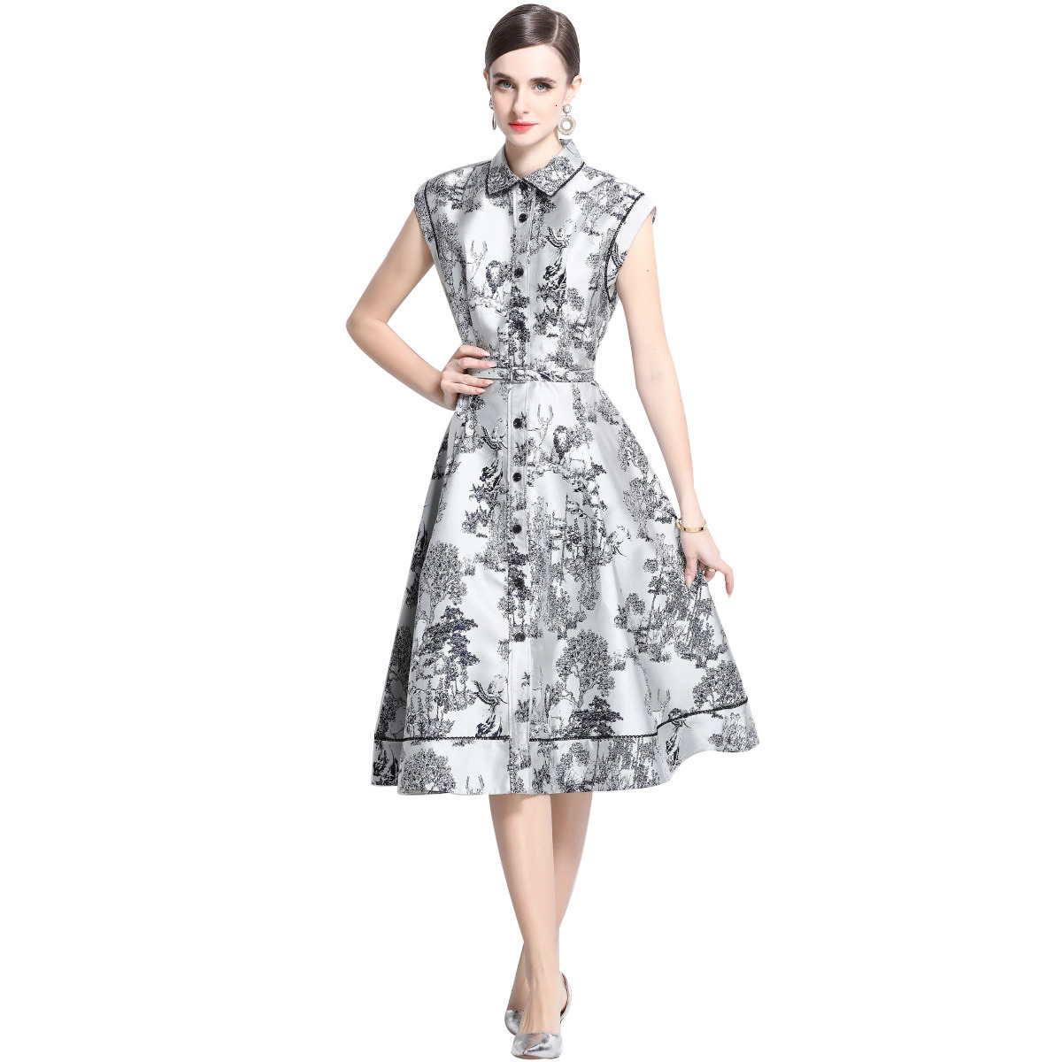 Spring/Summer New Womens Single breasted Sleeveless Animal Ink Painting Jacquard Medium length Dress