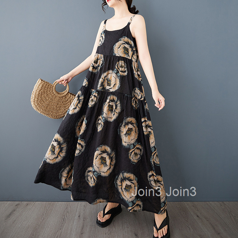 Spring/Summer New Ethnic Style Dress Fashion Printed Large Swing Strap Skirt Loose Long Skirt