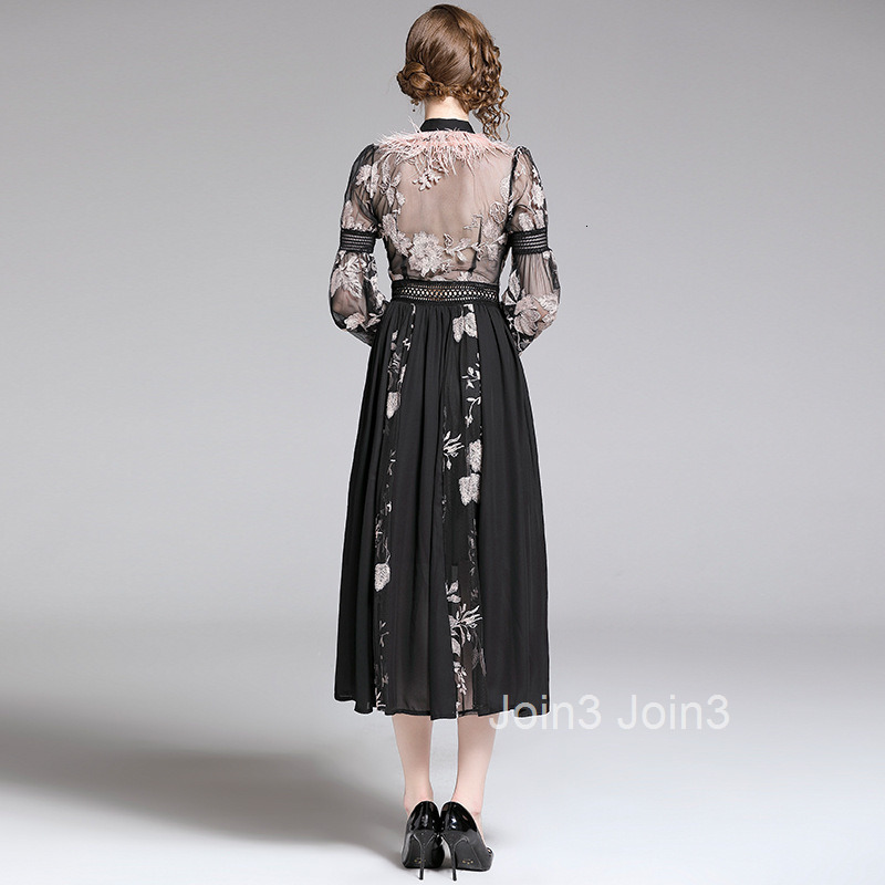 Autumn Temperament Embroidered Lace Up Feather Lantern Sleeves Backless Long Sleeved Grand Dress Long Skirt Dress