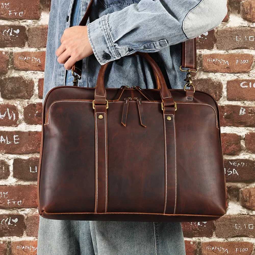 Crazy Horse Leather Mens Briefcases 15.6 Laptop Bag Office Bags for Men Vintage Cowhide Shoulder Messenger Bags New Z250220 - view 5