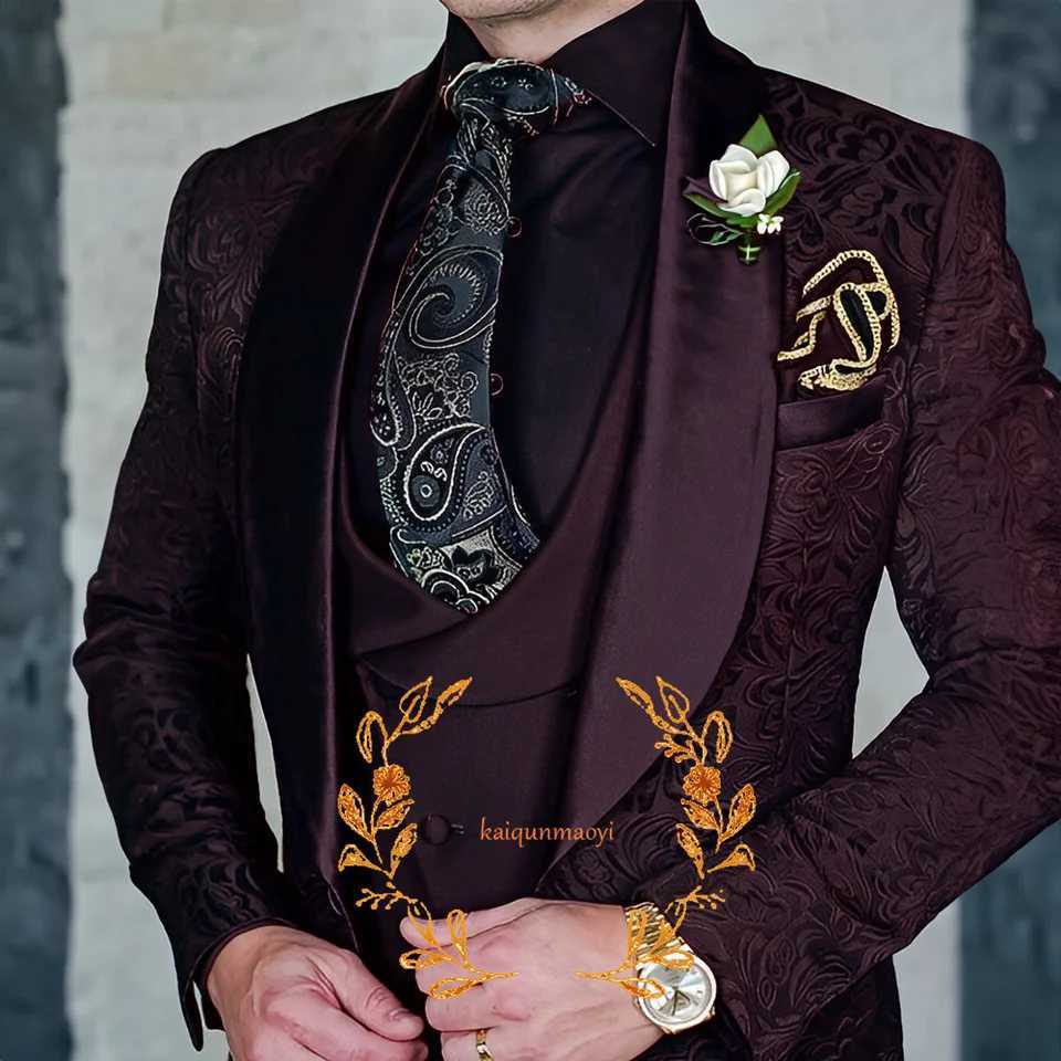 Jacquard Elegant Mens 3 Piece Suit Set Wedding Groom Tuxedo Jacket Pants Vest Formal Party Dress XS-5XLXJ250222