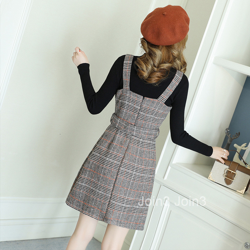 Autumn High Collar Sweater+Woolen Strap Dress Two Piece Set Korean Version Slimming and Slimming Plaid Medium to Long