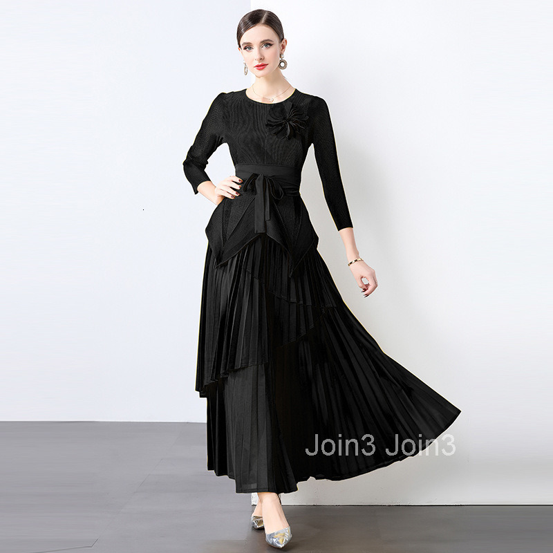 1 Miyake Irregular Top Long Skirt Set Womens Autumn Pleated Plus Size Skirt Two-piece Set