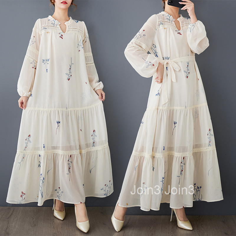 Spring and Autumn loose artistic fashion printed long sleeved patchwork pleated temperament versatile mid length dress