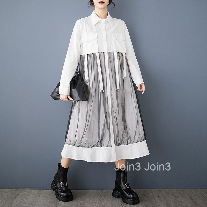Spring and Autumn New Loose Dark Art Design with Wrinkle Splicing Mesh Casual Fashion Dress