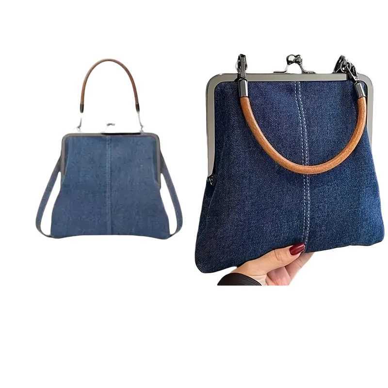 2025S Designer Women Denim Handbag with Kiss Lock Clasp Vintage Coin Crossbody Purses Bag for Lady Outdoor Portable Wedding BagsC250222 Shoulder cross
