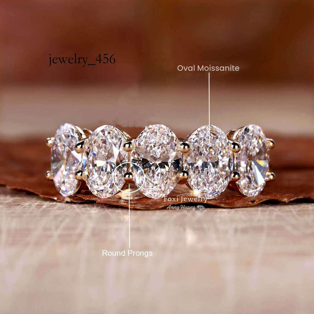 Sier Jewelry Yellow Gold Oval Cut Five Stones Lab Grown Dia Wedding Ring Bg VVS Moissanite Eternity Rings for Women