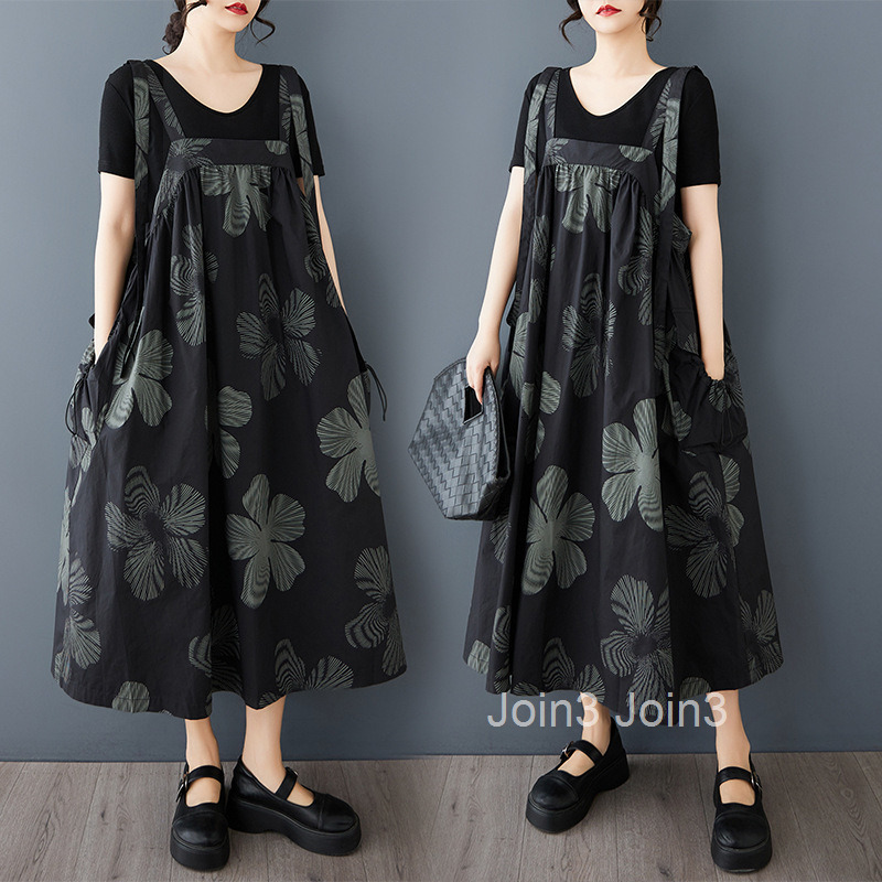 Spring/Summer New Dark Style Fashion Printed Tank Top Dress Loose Large Strap Skirt