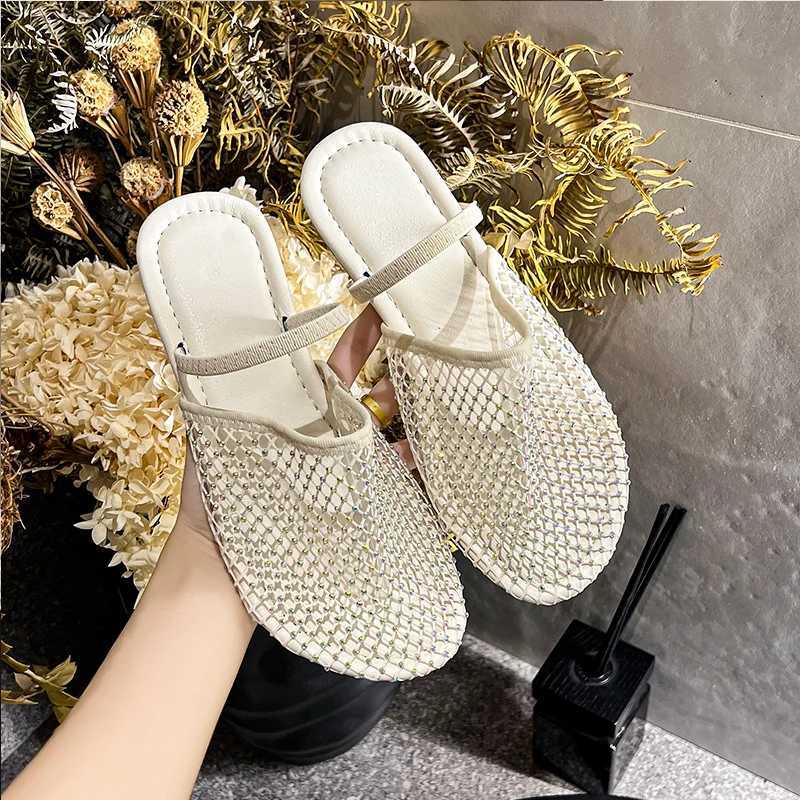 Nude Color Fishnet Mule Slides Woman Luxury Rhine Mesh Flat Sandals Ladies Summer Casual Net Shoes Plus SizeXJ250221
