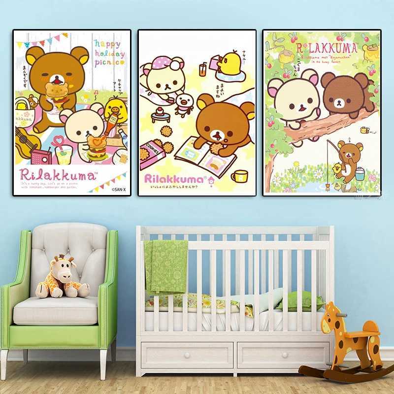 Japan Anime Cute Cartoon Rilakkuma Poster For Wall Art Canvas Print Manga Bear Chick Cat Reading Nursery Kids Kawaii Ro Decor Y250218