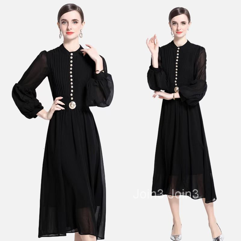 Heavy Industry Single Row Metal Buckle Hundred Fold Stitching Bubble Sleeves Waist up Big Swing Elegant Long Dress