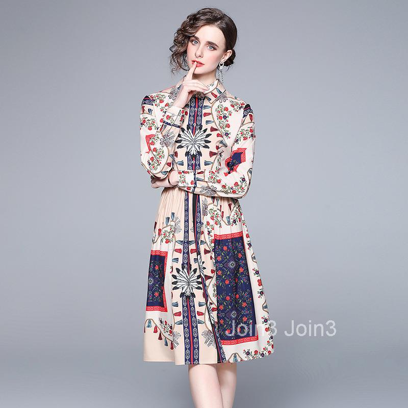 Spring Fashion Show New Product Temperament Slim fit Medium length Printed Shirt Dress
