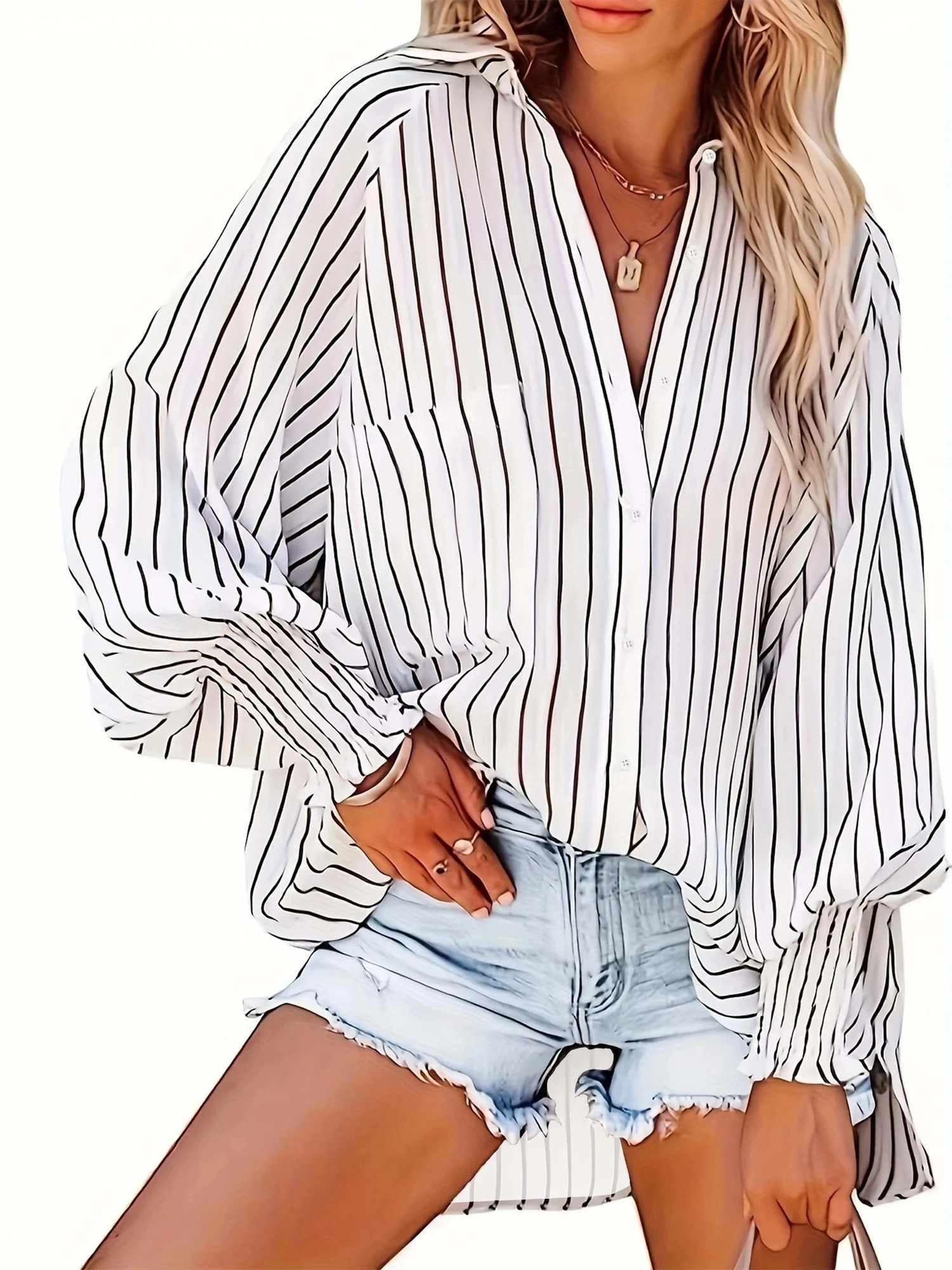 Womens plus size 1XL5XL button up long sleeved Vneck striped casual fashion breathable shirt 250214
