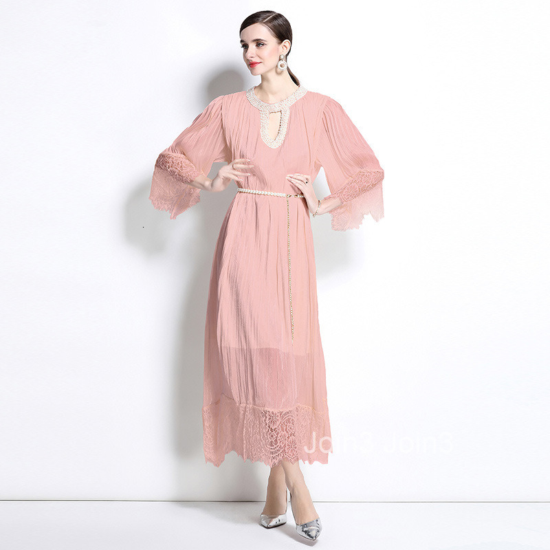Spring New Womens Style Lace Splicing pleated Long Dress Large Loose Nail Bead Dress