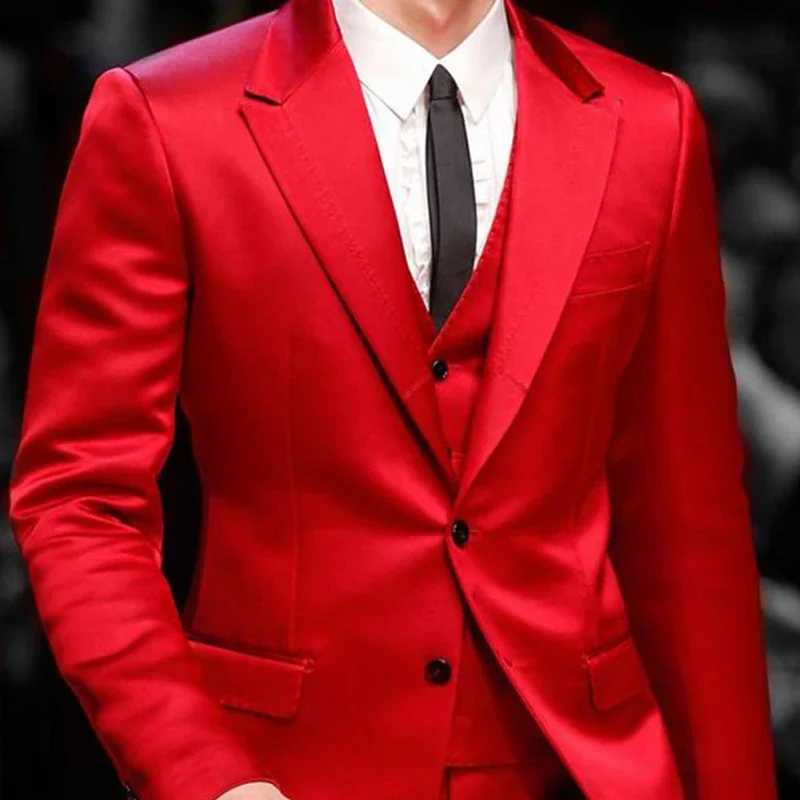 Slim Fit Red Men Suits for Prom Singer Stage 3 Piece Satin Wedding Groom Tuxedo Male Fashion Jacket Waistcoat with Pants 2023XJ250222