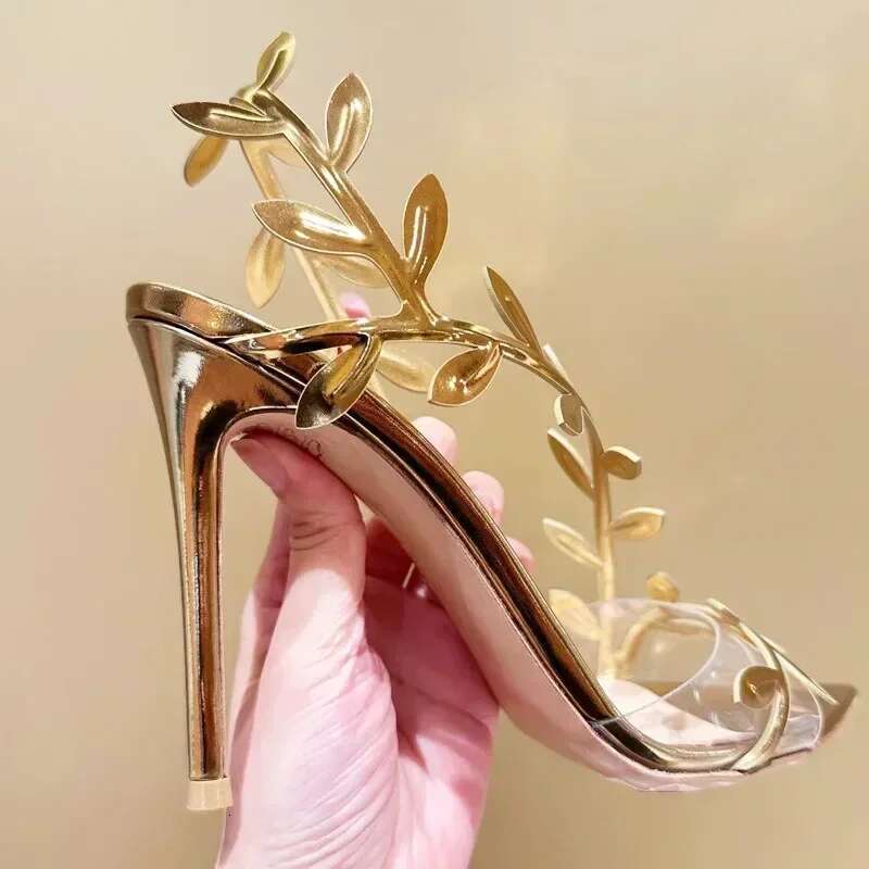 Gold Leaf Patent Leather Design High Heels Women Summer Sexy Pointed Toe Thin Heeled Sandals Elegant Banquet Dress Shoes