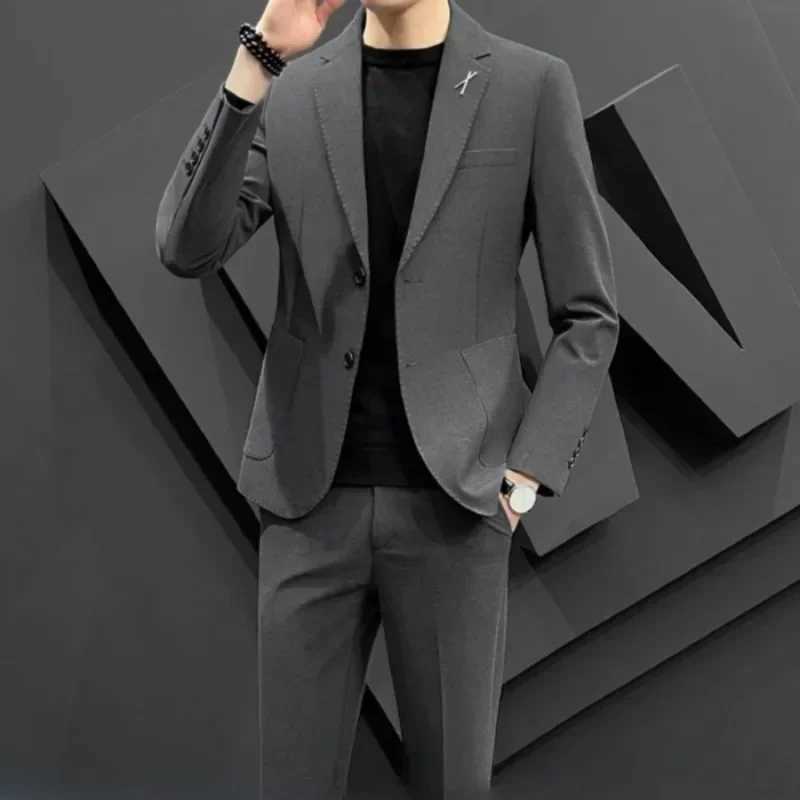 Full Suit for Men Grey High Quality 2024 2 Piece Outfit Set Man Double Breasted Pants Trends Blazer Costumes Clothing KoreanXJ250222
