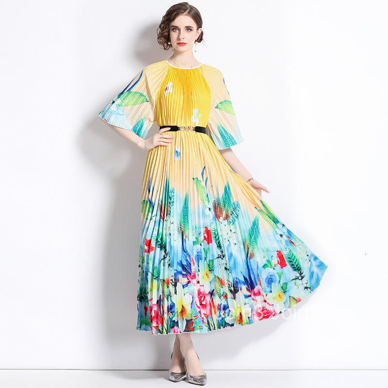 Summer New Womens Artistic Style Printed Mid Sleeve Round Neck Hundred Fold Large Swing Long Dress