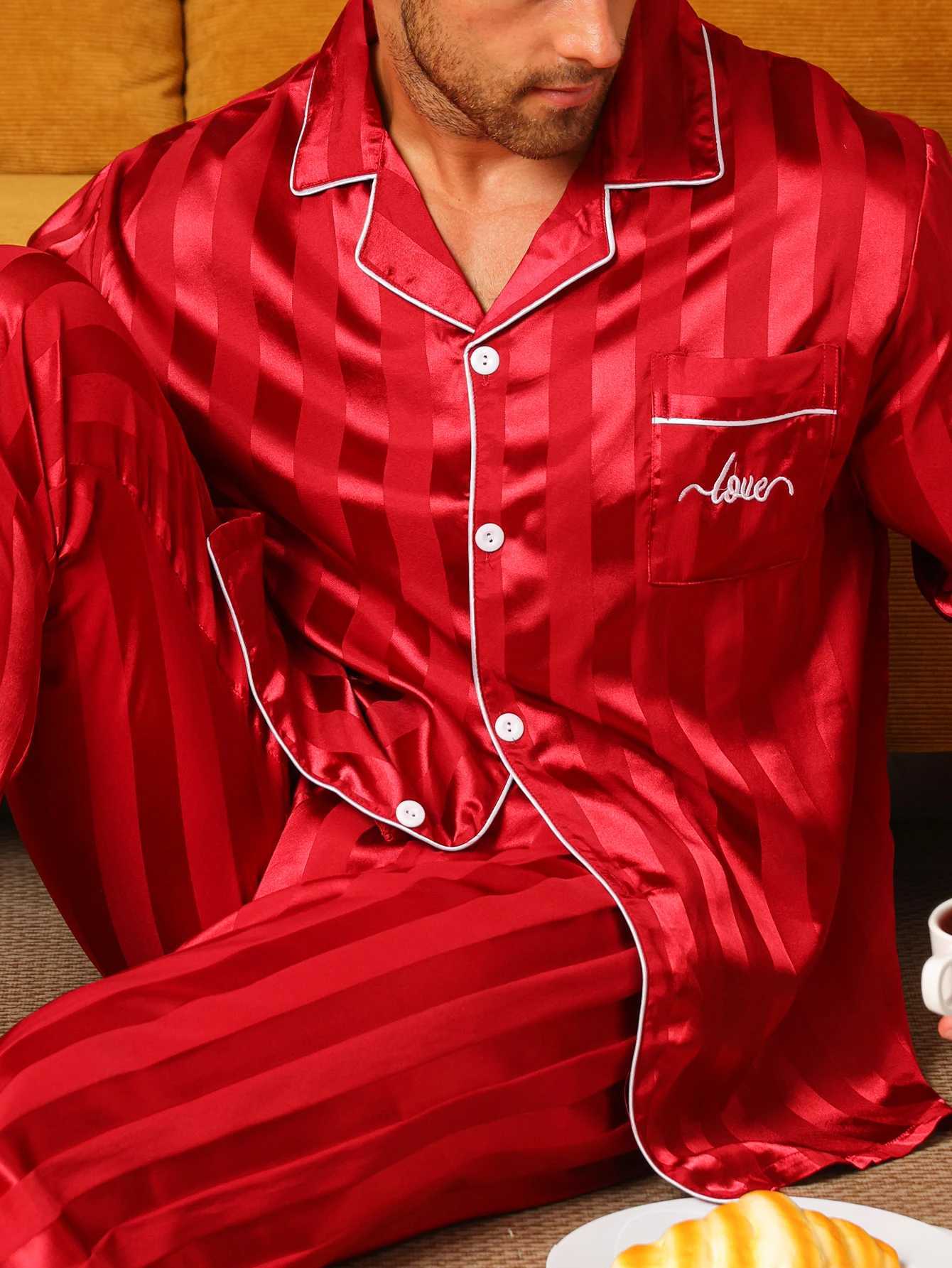 Two piece sets mens pajamas autumn and winter silk satin long sleeved pants casual minimalist letter embroidered sleepwear setXJ250222