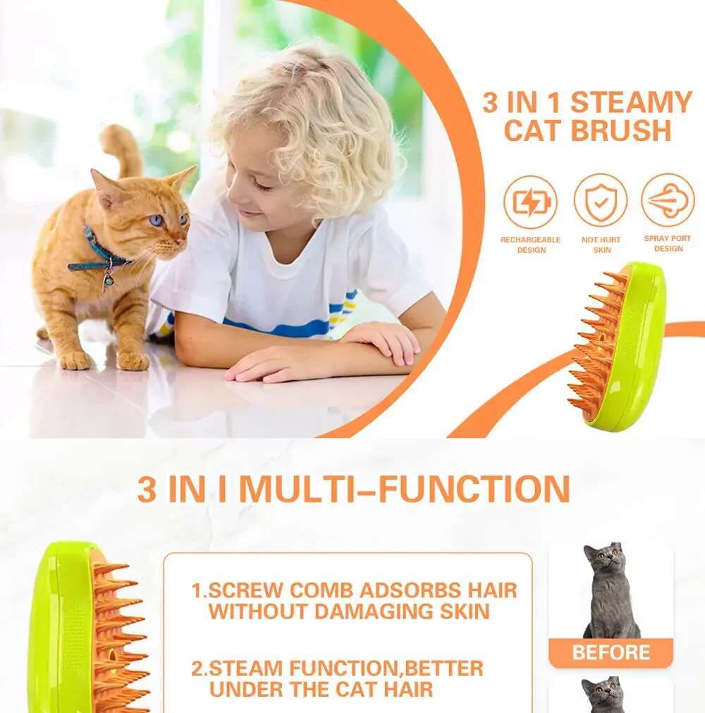 Steamy Brush Cat and Dog, Steam Brush, Electric Sprayer for Massage, Pet Grooming Tool, Shedding Combs, 3 in 1