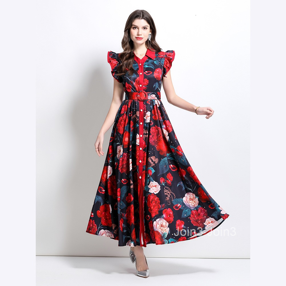 Spring/summer New Womens Clothing Style Flower Pattern Flying Sleeve Ruffle Edge Large Swing Long Dress