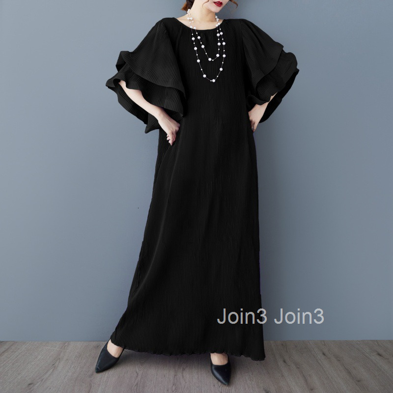 Spring and Autumn New Hundred Fold Long Dress Fashion Round Neck Lotus Leaf Sleeves Loose and Slim Ladies Long Dress
