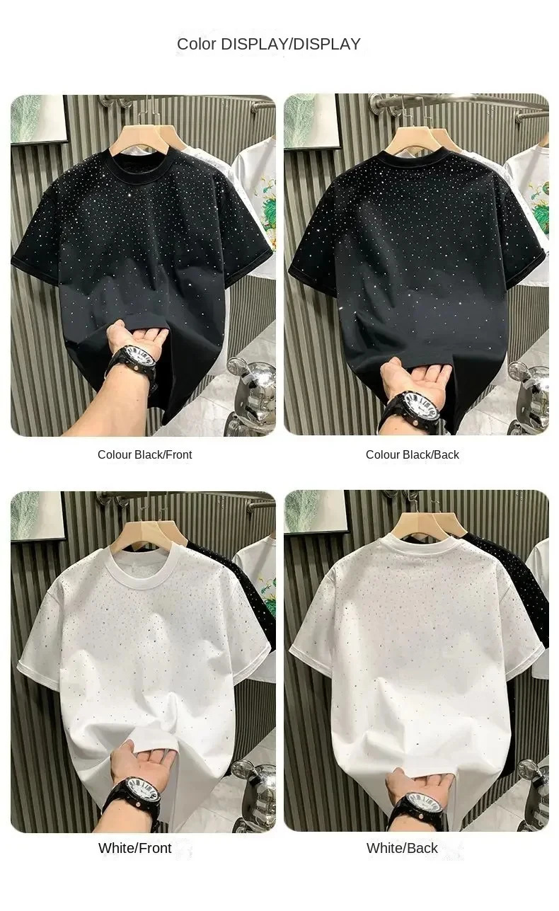 Summer Men Clothing Summer Rhinestone Rivet T-shirt Round Neck Casual T-shirt Korean Version Mens Short Sleeves Tee 250222
