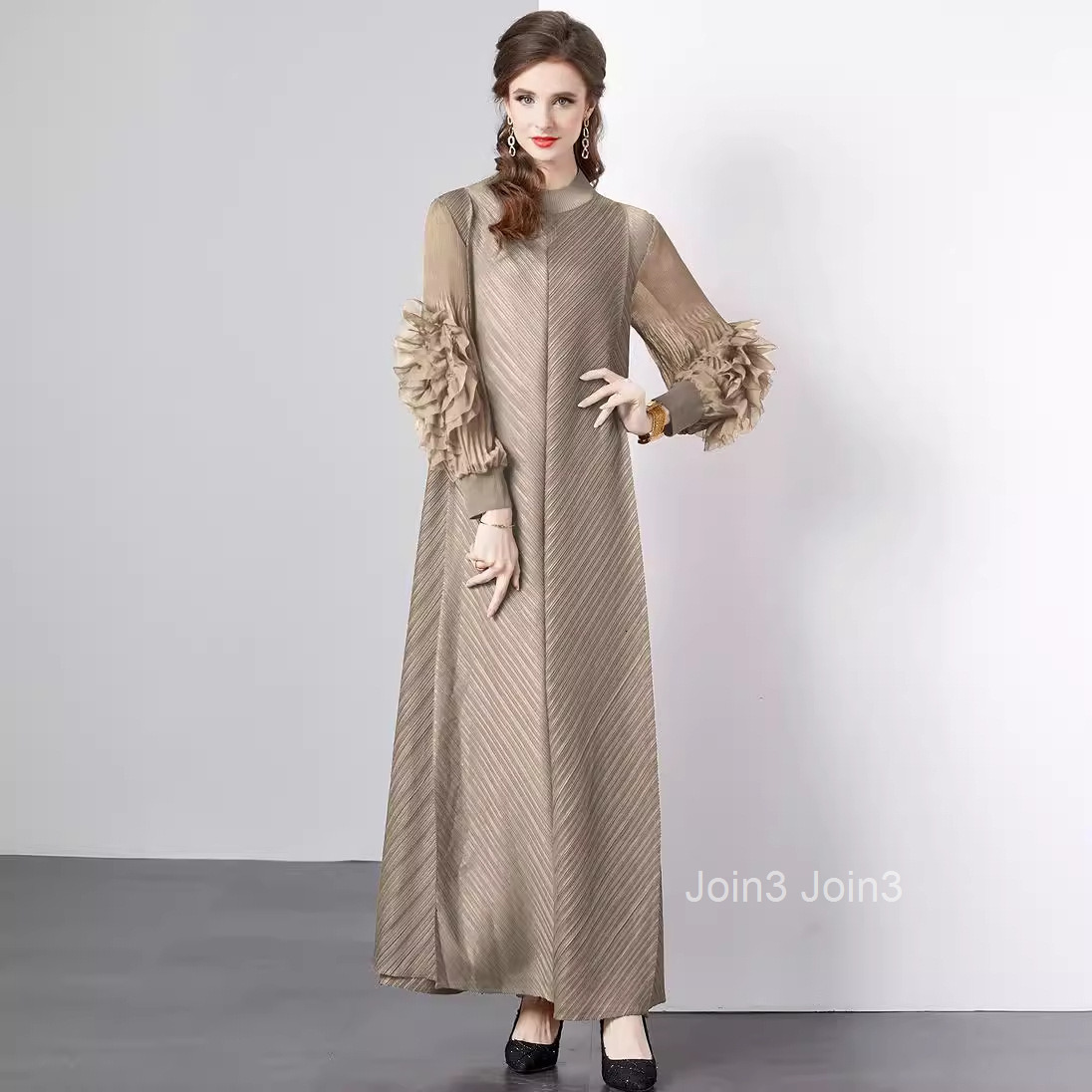 Floral Long Dress for Spring and Summer Solid Color Temperament Long Loose Plus Size Dress Pleated for Women
