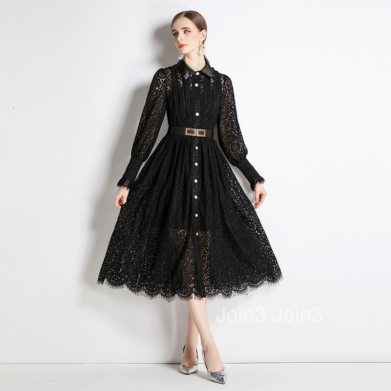 Spring and Autumn New Womens Clothing Style Hook Flower Hollow Lace Dress Solid Color Large Swing Long Dress