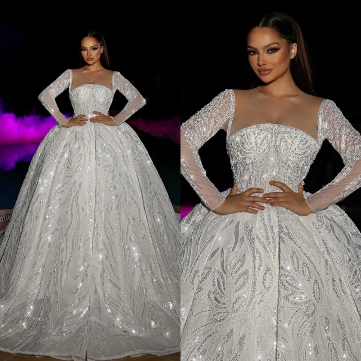 Elegant Ball Gown Wedding Dress For Women Sheer Neck Long Sleeves Bridal Gowns Lace Sequins Sweep Train Dresses Custom Made vestidos de novia