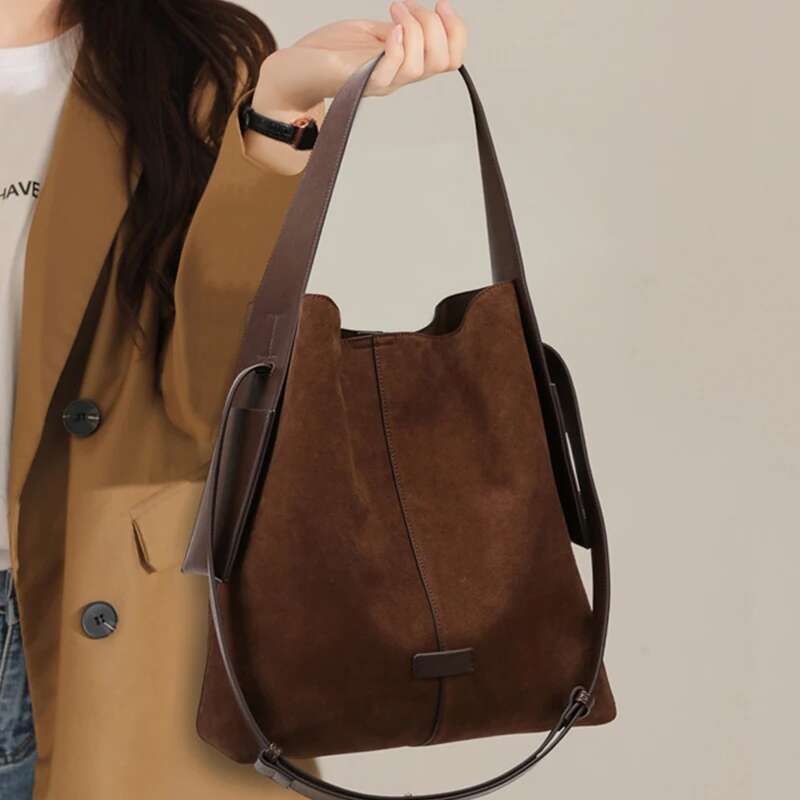 Oversize Women Suede Leather Winter Bags Frosted Handbag And Purses Retro Lady 2In1 Tote Bucket Bag With Hanging Ears