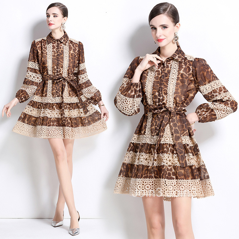 spring long sleeved new product with hollowed out lace patchwork leopard print dress
