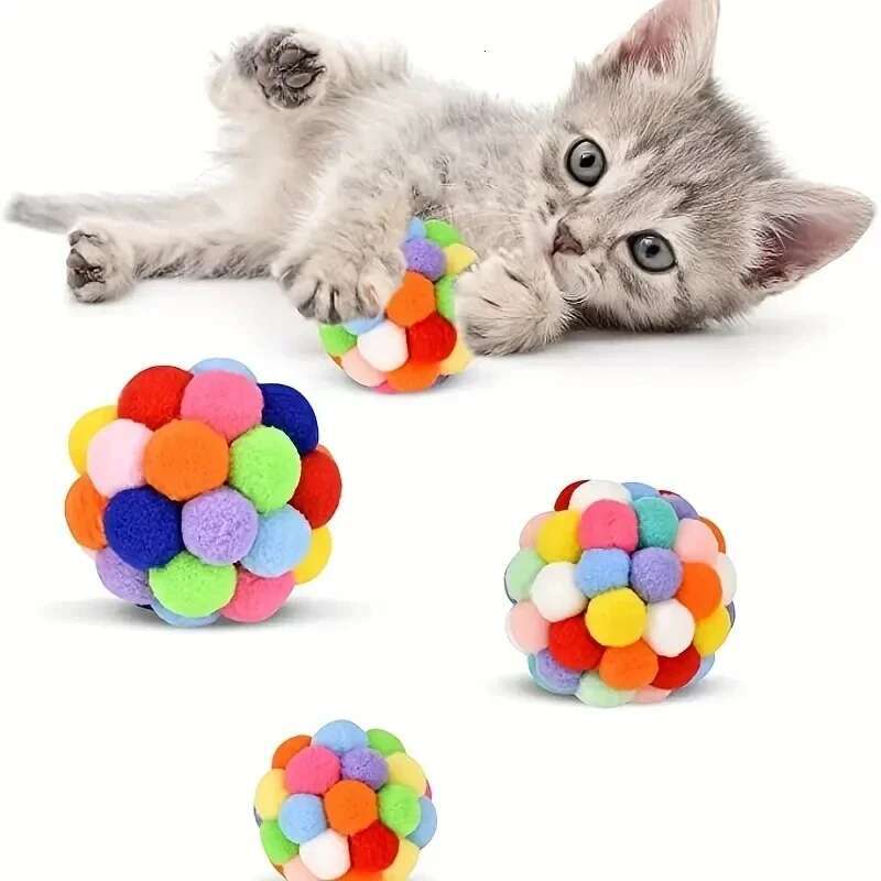 3PCS Toys Plush Toy Pet Elastic Bell Self Hi Playing Cat Colorful Woolen Ball