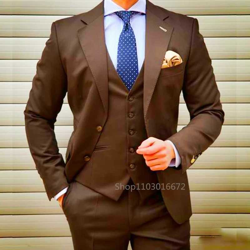 Coffee 3 Piece Weddi Suits for Men Slim Fit Groom Tuxedos Notch Lapel Business Formal Party Male Blazer Vest Pants Costume HommeXJ250222
