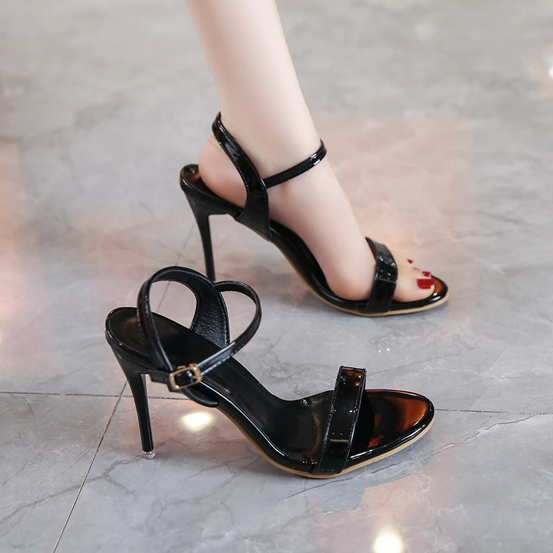 Large Sandals for Women 2023 Fashion Round Toe Soft Leather Solid Color One Line With High Heel Sandals for Women 250218