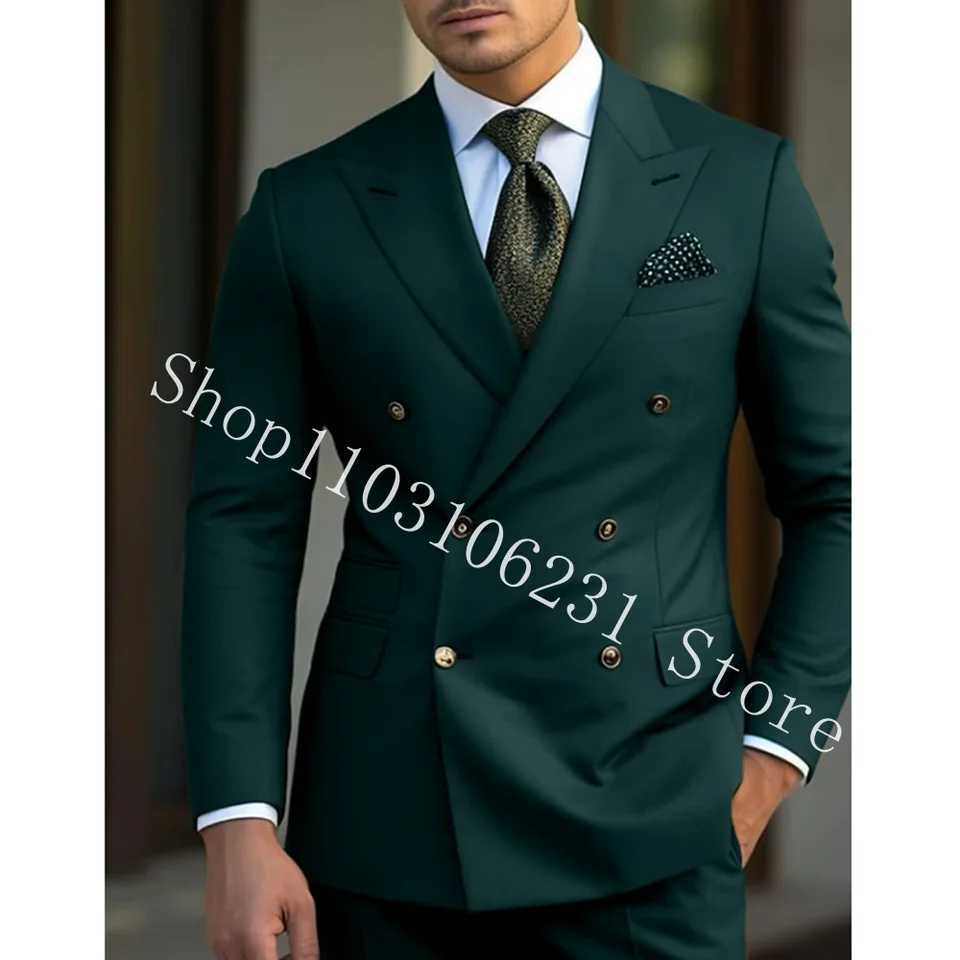 Green Mens Suits Blazer Slim Fit Double Breasted Wedding Groom Tuxedos Business 2 Pieces Suits Jacket Pants Suits MenXJ250222