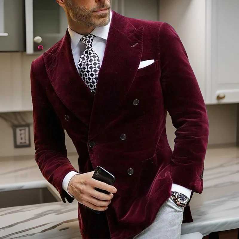 Burgundy Double Breasted Velvet Men Blazer Elegant Single Coat Smoking Male Suit Dinner Jacket with Big Peaked Lapel CostumeXJ250222