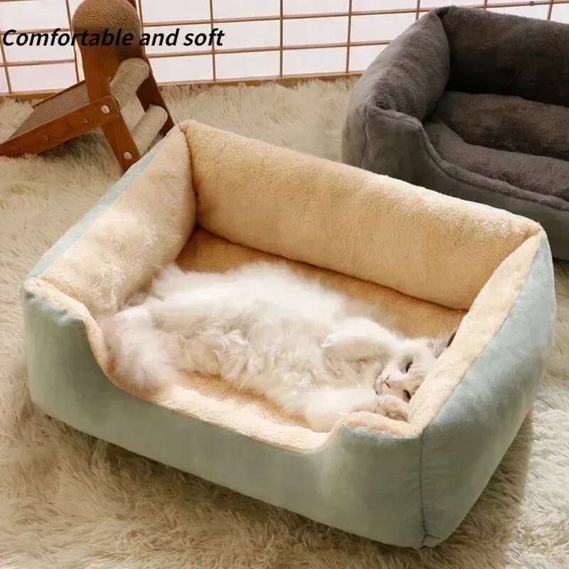 Fluffy Thickened Cat Bed Square Warm Comfortable Pets Cushion Pad with Non-slip Base Large Soft Dog Nest Winter Pet Supplies