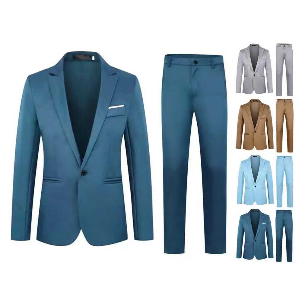 Mens Slim Fit Pants Set Mens Slim Fit Business Suit Set with Single Button Long Pants Spring Autumn Solid Color Lapel DesignXJ250222