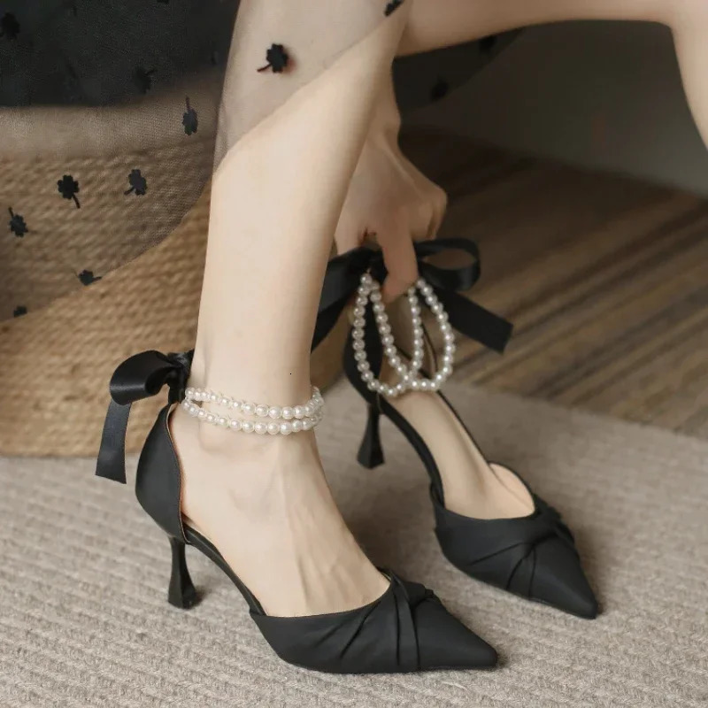Womens elegant white highheeled sandals short and chubby platform pearl ankle with pump womens lace bow party shoes 250218
