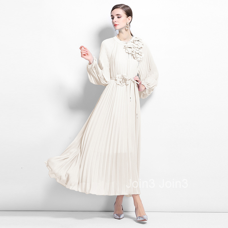 French style new womens long sleeved three-dimensional floral lace up loose fairy pleated long skirt