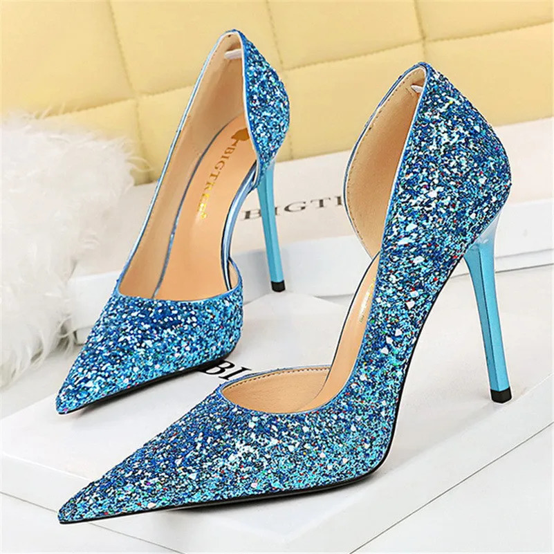 Women 7cm 10.5cm Super High Heels Blue Gold Pumps Sexy Sequins Bling Low Heels Lady Scarpins Stiletto Sparkly Party Shoes 250221