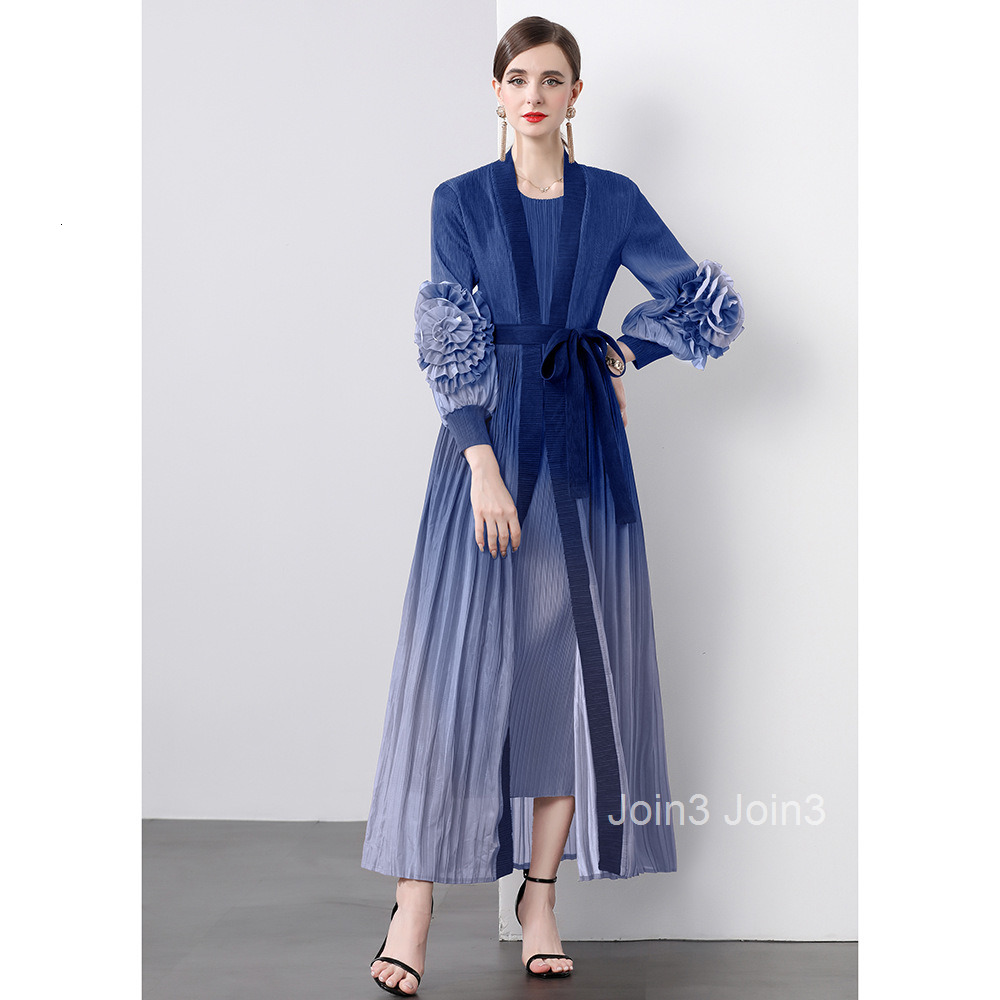 Autumn New Womens Clothing Pleated Gradient Plate Flower Lace Up Jacket+sleeveless Straight Tube Long Skirt Set