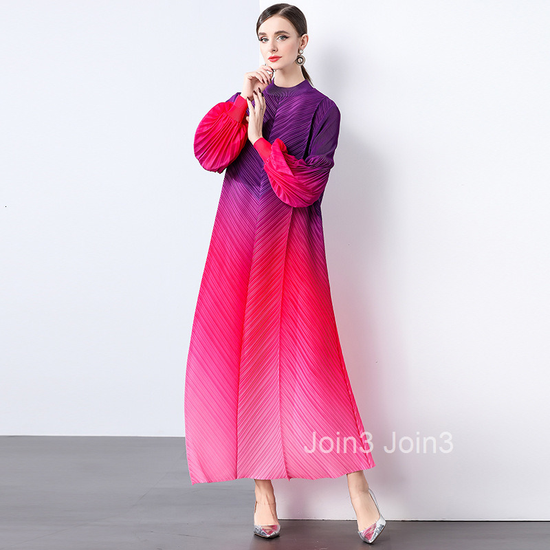 pleated gradient long skirt womens fashion temperament loose plus long sleeved stand up collar dress