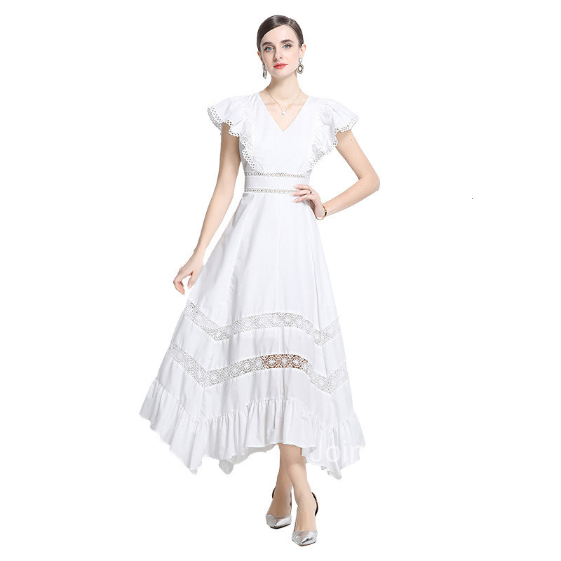vacation style dress with fly sleeves and hollowed out lace patchwork dress