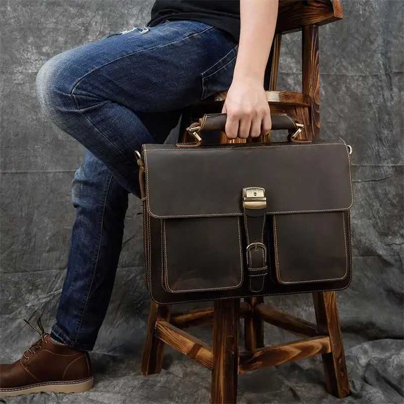 Luxury Fashion 100% Genuine Leather Men Briefcase Cow Leather Laptop Bag Vintage Shoulder Bag Real Cowhide Computer Bag 15.6 Z250220-1